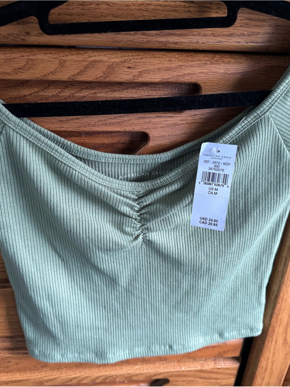 American Eagle Outfitters Light Sage Ribbed Ruched Crop Top